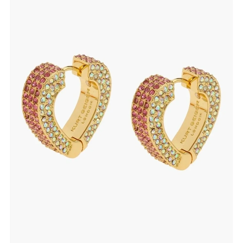 Kurt Geiger London Pave Heart Huggie Earrings Gold Pink Crystal Y2K Glam - Picture 2 of 8